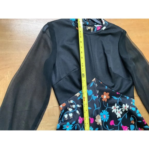 Sears Fashions 1970s Dress Maxi Black Floral Sheer Sleeve High Neck 14 Vintage - Picture 7 of 8